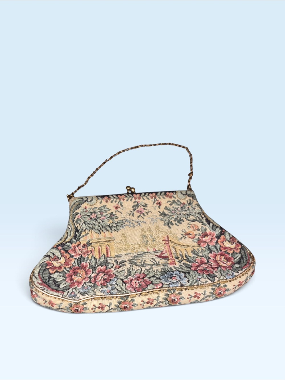 Joelle’s Vintage Floral Tapestry Handbag with Chain Handle. 1940